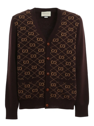 Gucci Gg Intarsia Wool Blend Cardigan In Brown