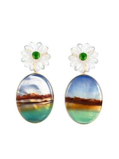 Guita M 18kt Yellow Gold, Quartz And Stripe Agate Flower Earrings In Blue