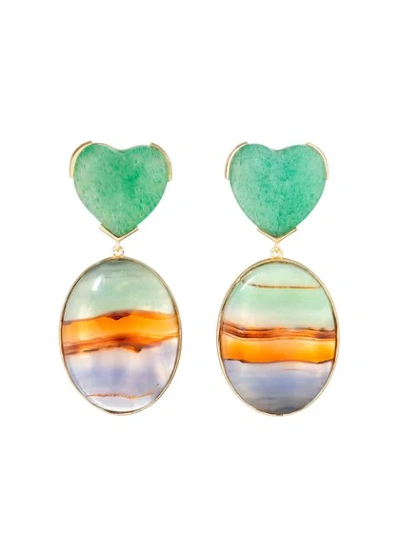 Guita M 18kt Yellow Gold, Stripe Agate And Jade Heart Earrings In Blue