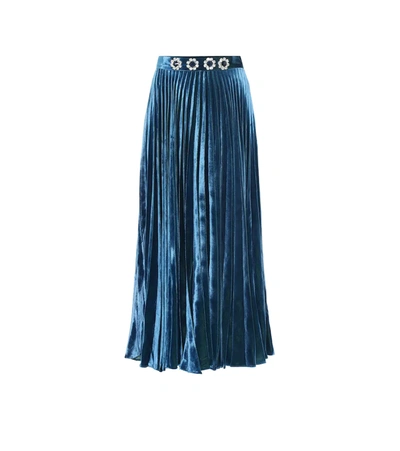 Christopher Kane Crystal-embellished Pleated Velvet Midi Skirt In Blue