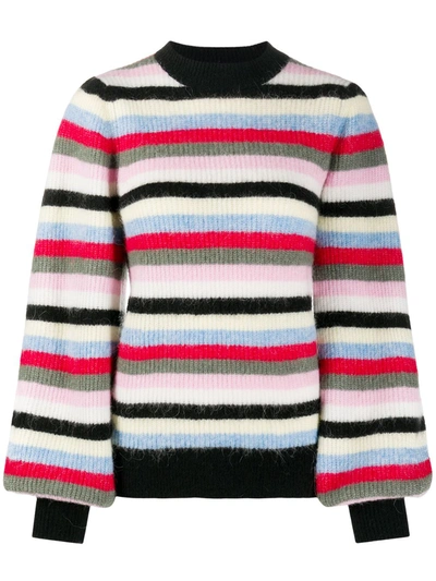 Ganni Striped Balloon-sleeve Wool-blend Sweater In Multi-colour