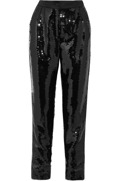 Dolce & Gabbana Woman Sequined Satin Tapered Pants Black | ModeSens