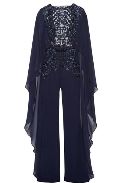 Zuhair Murad Open-back Embellished Tulle, Chiffon And Silk-blend Crepe Jumpsuit