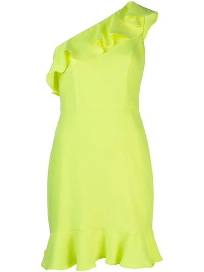 Aidan Mattox Crepe Flounce One-shoulder Dress In Neon Yellow