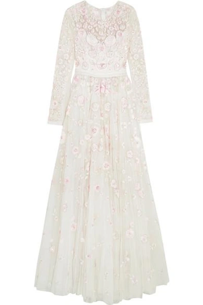 Needle & Thread Rosette Embellished Embroidered Tulle Gown In Ivory