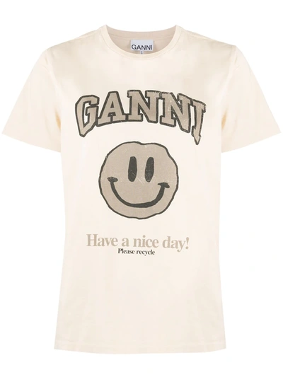 Ganni Basic Cotton Jersey Smiley T-shirt In Neutrals