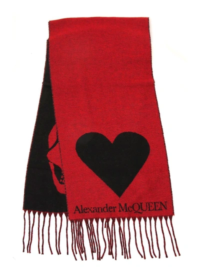 Alexander Mcqueen Wool-rich Skull And Heart Scarf In Red