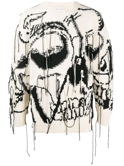Alexander Mcqueen Skull Embroidery Frayed Sweater In White,black