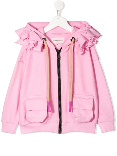 Natasha Zinko Kids' Ruffle Trim Zip Hoodie In Pink