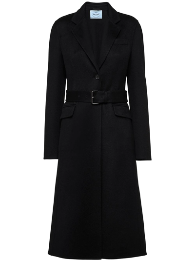 Prada Belted Knee-length Coat In Black
