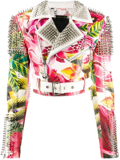 Philipp Plein Floral Print Biker Jacket In White