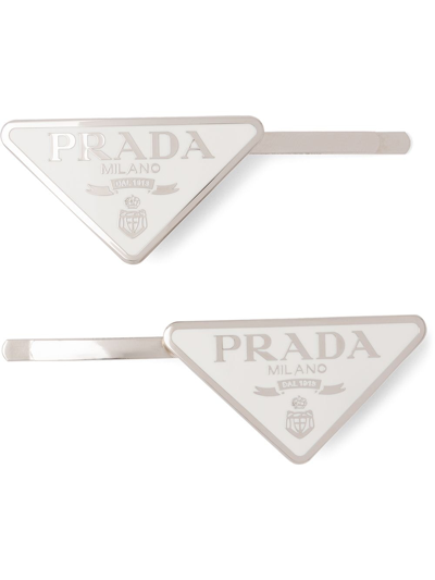 Prada Logo Hair Clips In White