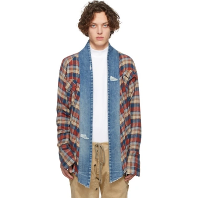 Greg Lauren Red Plaid Kimono Studio Cardigan In Navy