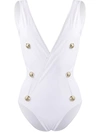 Balmain Buttoned One Piece Swimsuit W/ Low Back In White