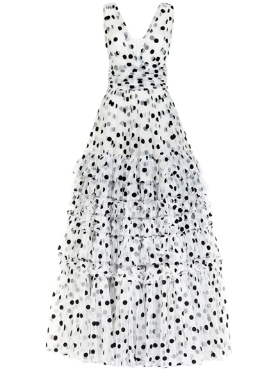 Dolce & Gabbana Long Dress In Flocked Polka-dot Print Tulle In White