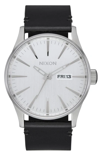 Nixon The Sentry Leather Strap Watch, 42mm In Black/ Silver