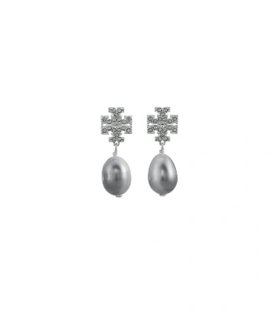 Tory Burch Kira Pave Pearl Drop Earring In Tory Silver/pearl