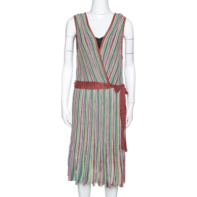 Pre-owned M Missoni Multicolor Striped Rib Knit Sleeveless Belted Dress L
