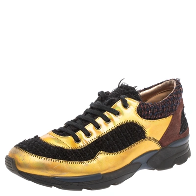 Pre-owned Chanel Multicolor Tweed Suede And Metallic Leather Lace Up Trainers Size 38