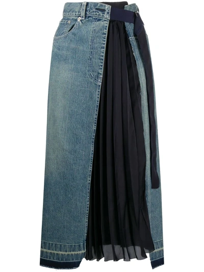 Sacai Blue Pleated Paneled Denim Skirt