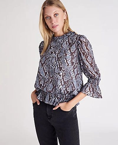 Ann Taylor Snake Print Cinched Ruffle Top In Hush Blue