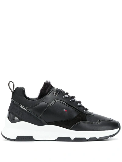 Tommy Hilfiger Fur-trimmed Low-top Trainers In Black