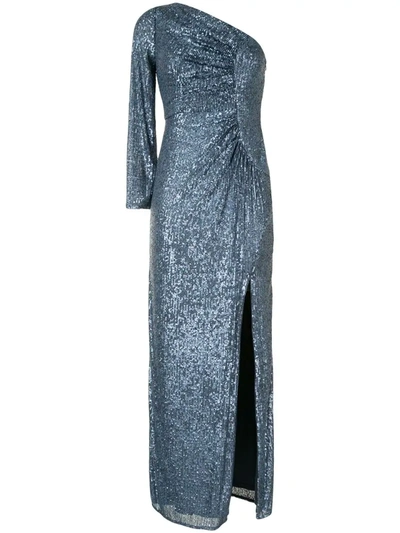 Aidan Mattox Sequin One-shoulder Ruched Gown In Blue