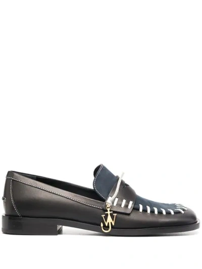 Jw Anderson Topstitched Leather And Suede Loafers In Black