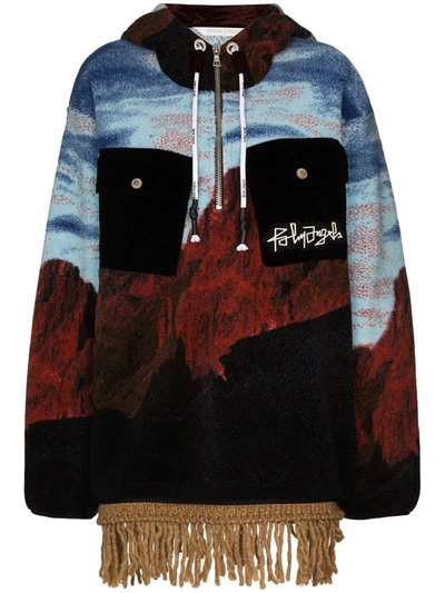 Palm Angels Canyon Print Fringed Hoodie In Blue