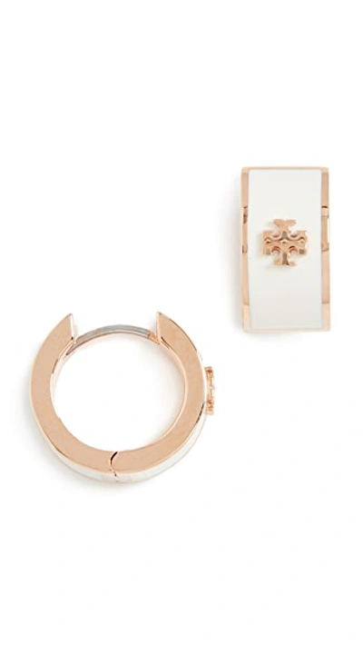 Tory Burch Kira Enameled Huggie Hoop Earring In Tory Gold / New Ivory