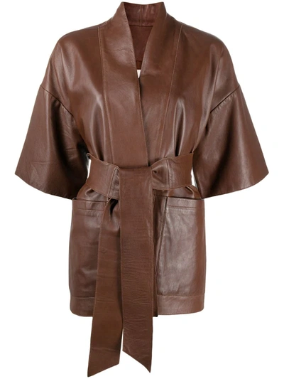 L'autre Chose Wrap Leather Jacket In Brown