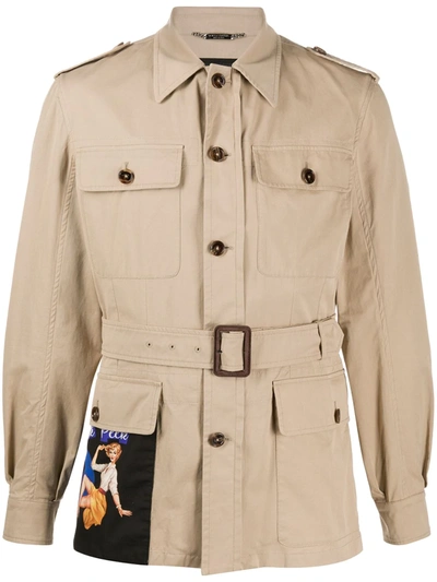 Dolce & Gabbana Sneak Peek Patch Cotton Safari Jacket In Beige