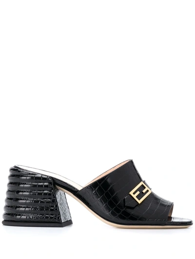 Fendi Promenade Crocodile-embossed Mules In Black