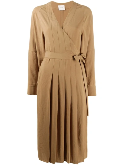 Alysi Pleated Wrap Dress In Brown