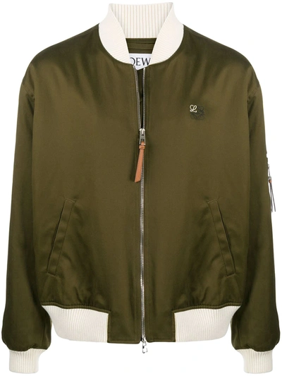 Loewe Embroidery Logo Canvas Bomber Jacket In Green