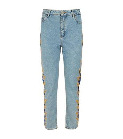 Sandro Burn Flame Embroidered Denim Jeans In Blue