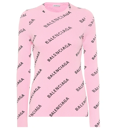 Balenciaga Woman Pink Pullover With All-over Black Logo