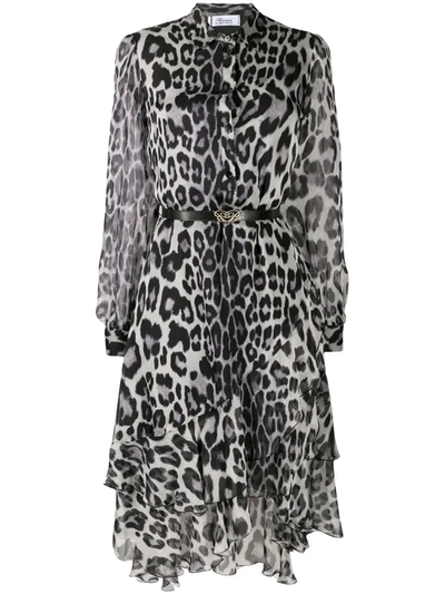 Blumarine Leopard Midi Dress With Asymmetrical Bottom In Black