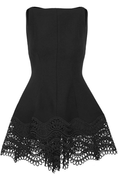 Lela Rose Guipure Lace-trimmed Stretch Wool-blend Top In Black