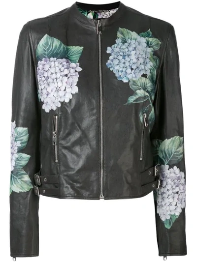 Dolce & Gabbana Hydrangea Painted Leather Jacket In Black