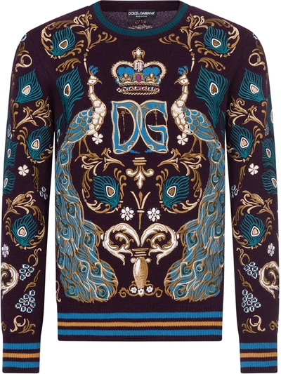 Dolce & Gabbana Cashmere Round-neck Sweater With Embroidery In Purple