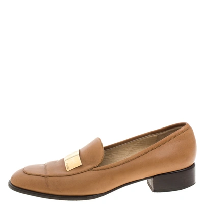Pre-owned Gucci Brown Leather Gold-tone Logo Plate Block Heel Loafer Pumps Size 37.5