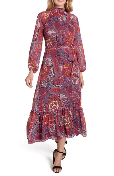 Tahari Mock Neck Print Long Sleeve Maxi Dress In Crimson Paisley