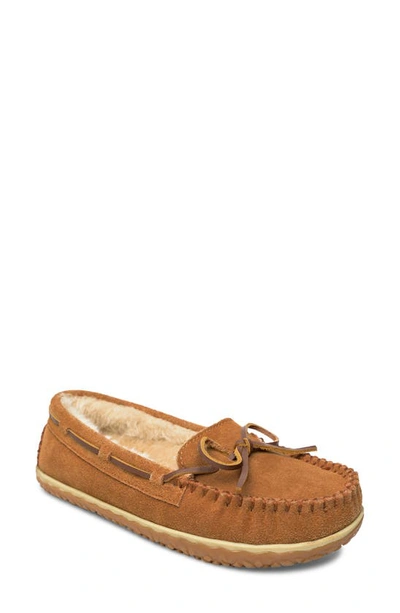 Minnetonka Tilia Faux Fur Lined Moccasin Slipper In Brown Suede