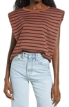 Endless Rose Padded Shoulder T-shirt In Brown Navy Stripe