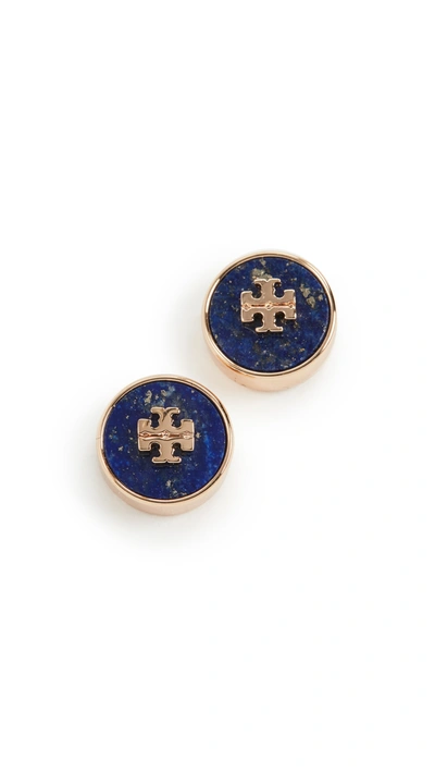 Tory Burch Kira Semi Precious Logo Circle Stud Earrings In Tory Gold/lapis