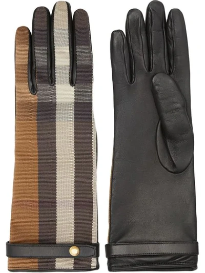 Burberry Cashmere Lined Check & Leather Gloves In Brown