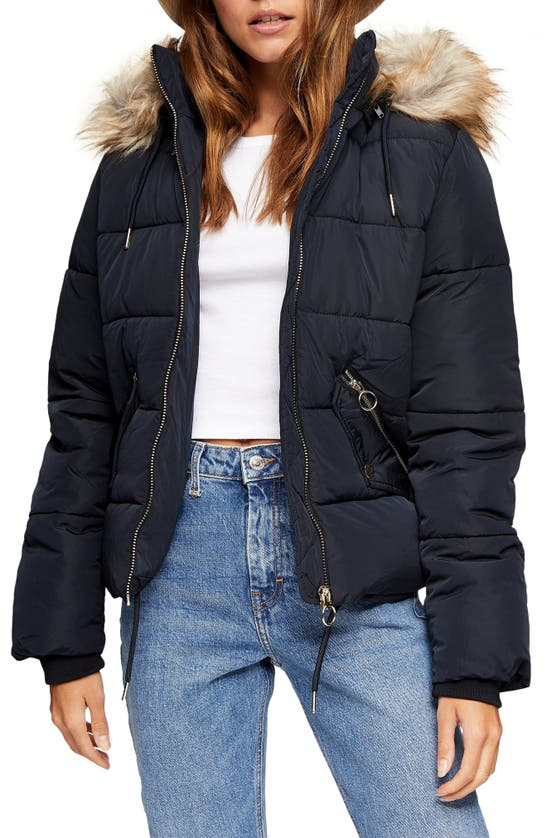 Topshop Padded Coat With Faux Fur Hood In Black