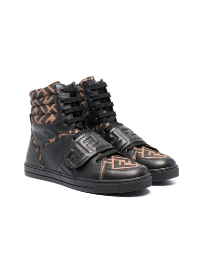 Fendi Teen Ff-motif High-top Sneakers In Brown
