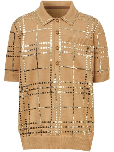 Burberry Mirrored Check Wool Jersey Polo Shirt In Camel